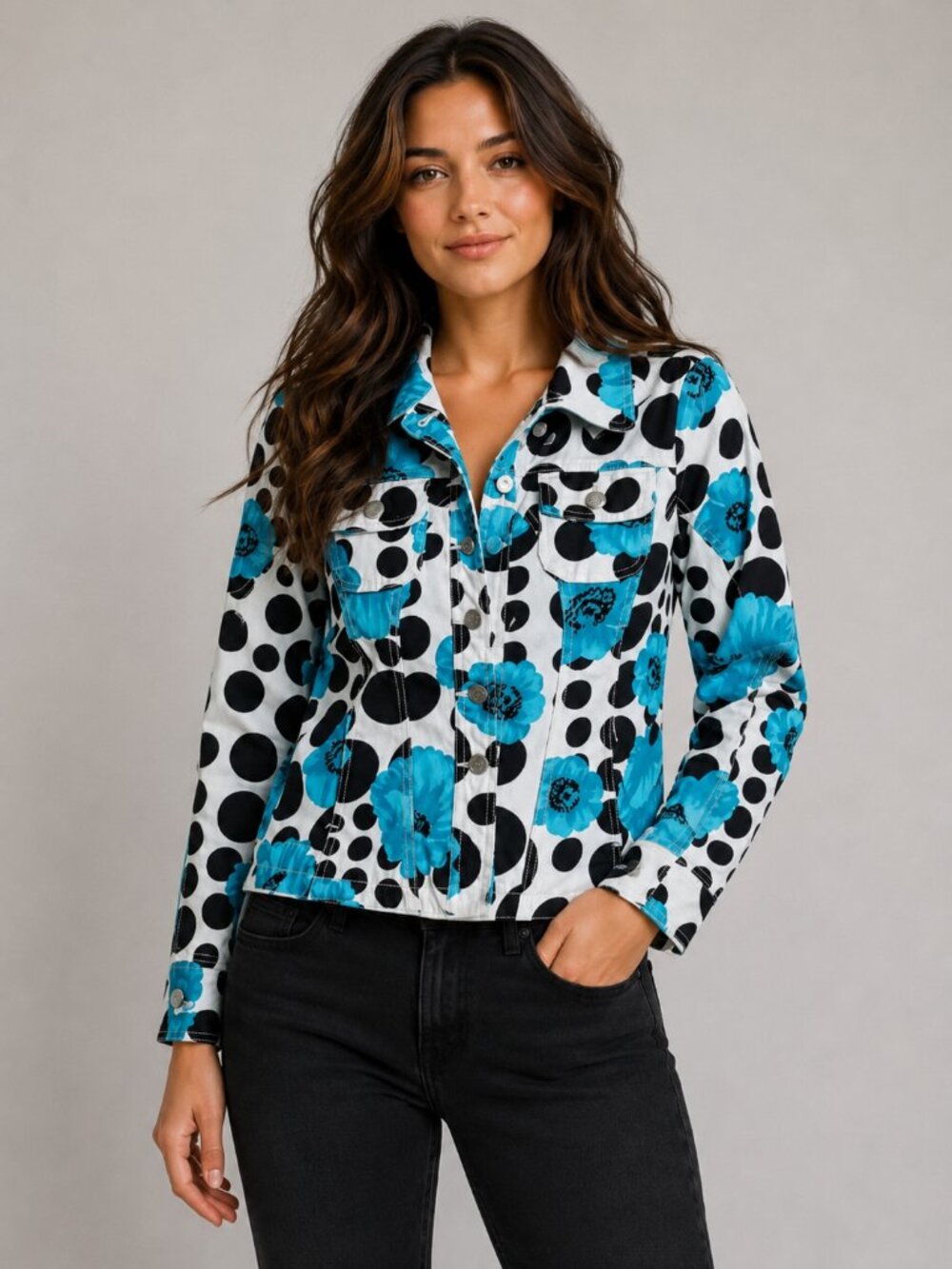 AMI Size Small Turquoise Black White Floral Polka Dot Denim Jacket Y2K Statement